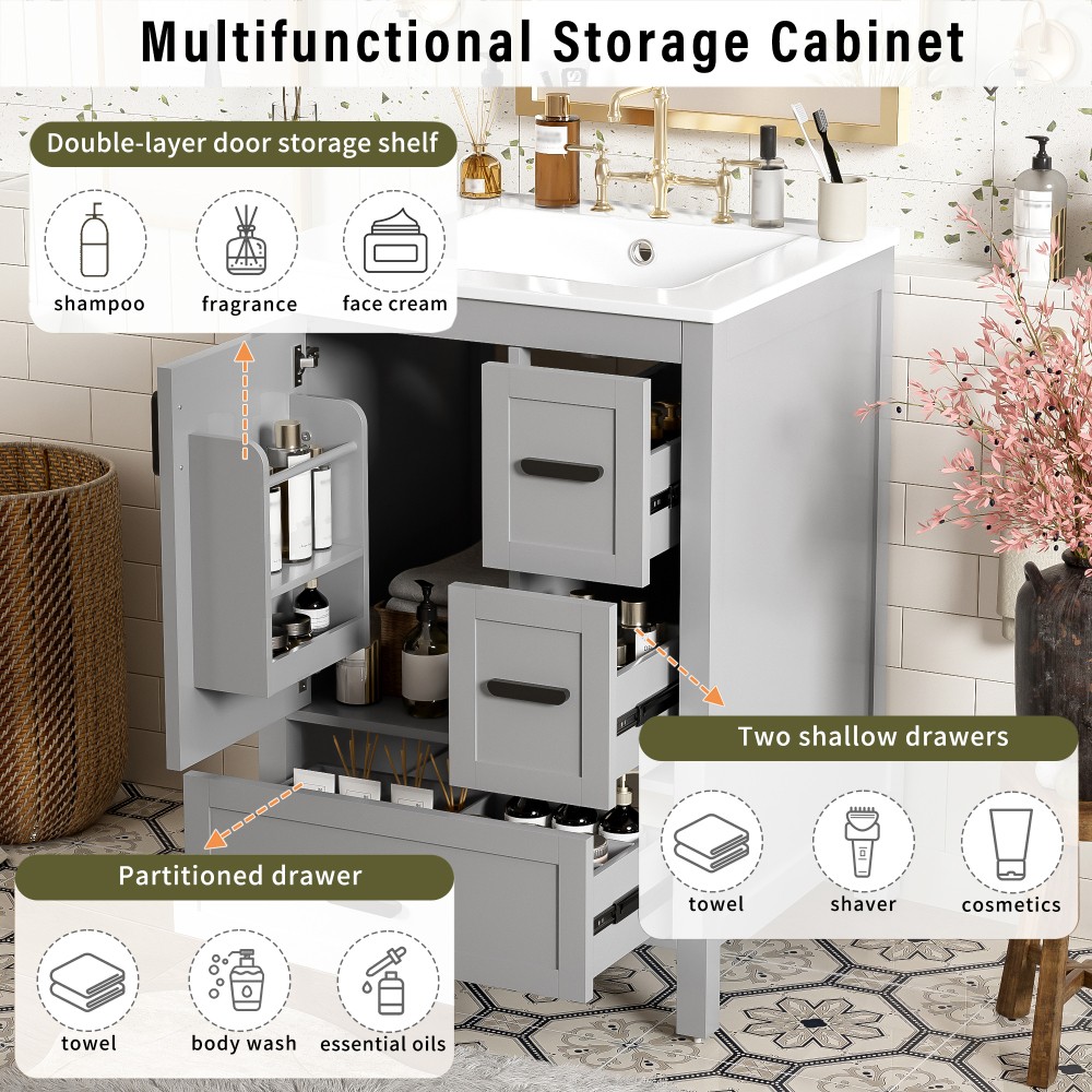 Bathroom vanity with sink Features double-door cabinet Includes three drawers