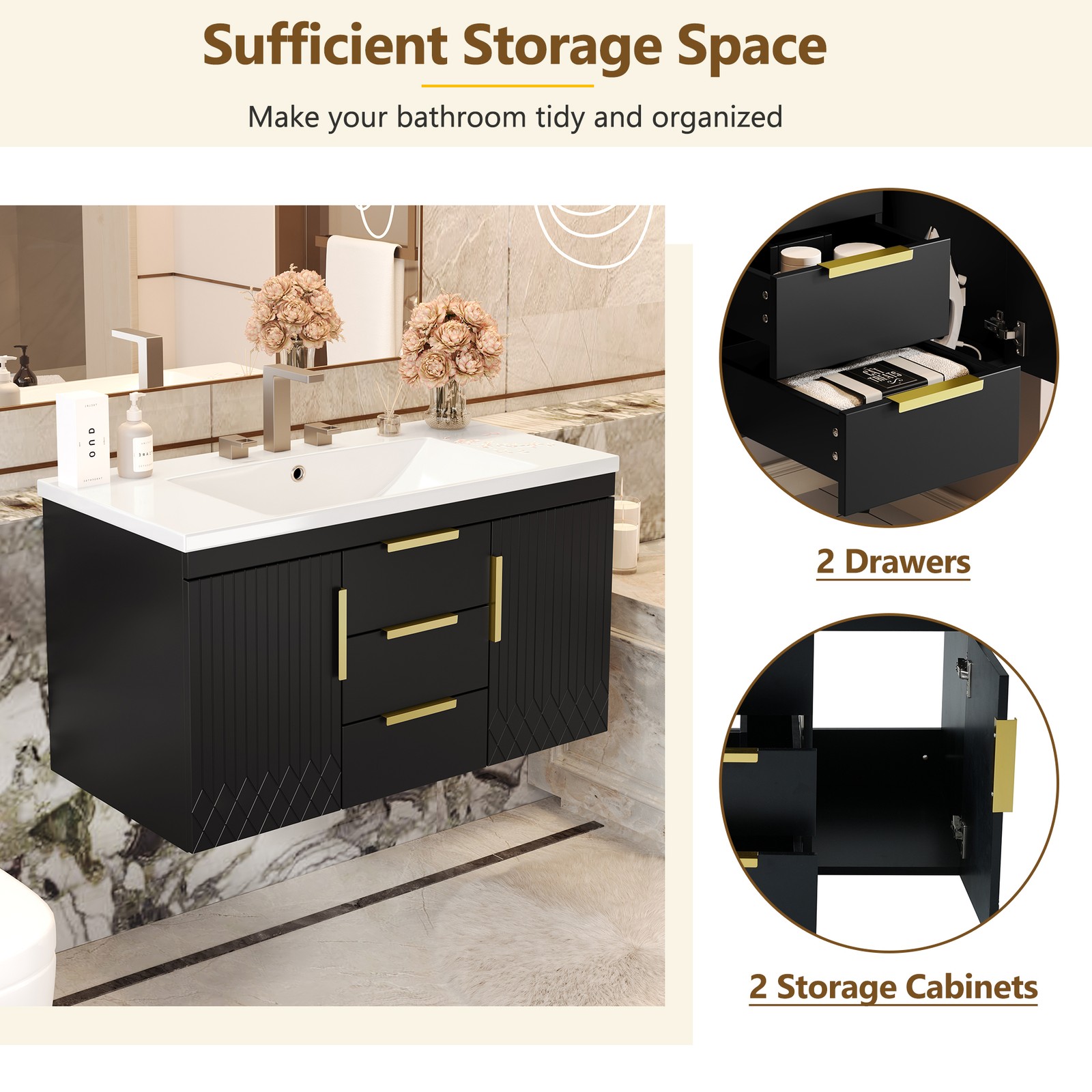 Wall-mounted bathroom solid wood dressing table with resin sink and 2 drawers