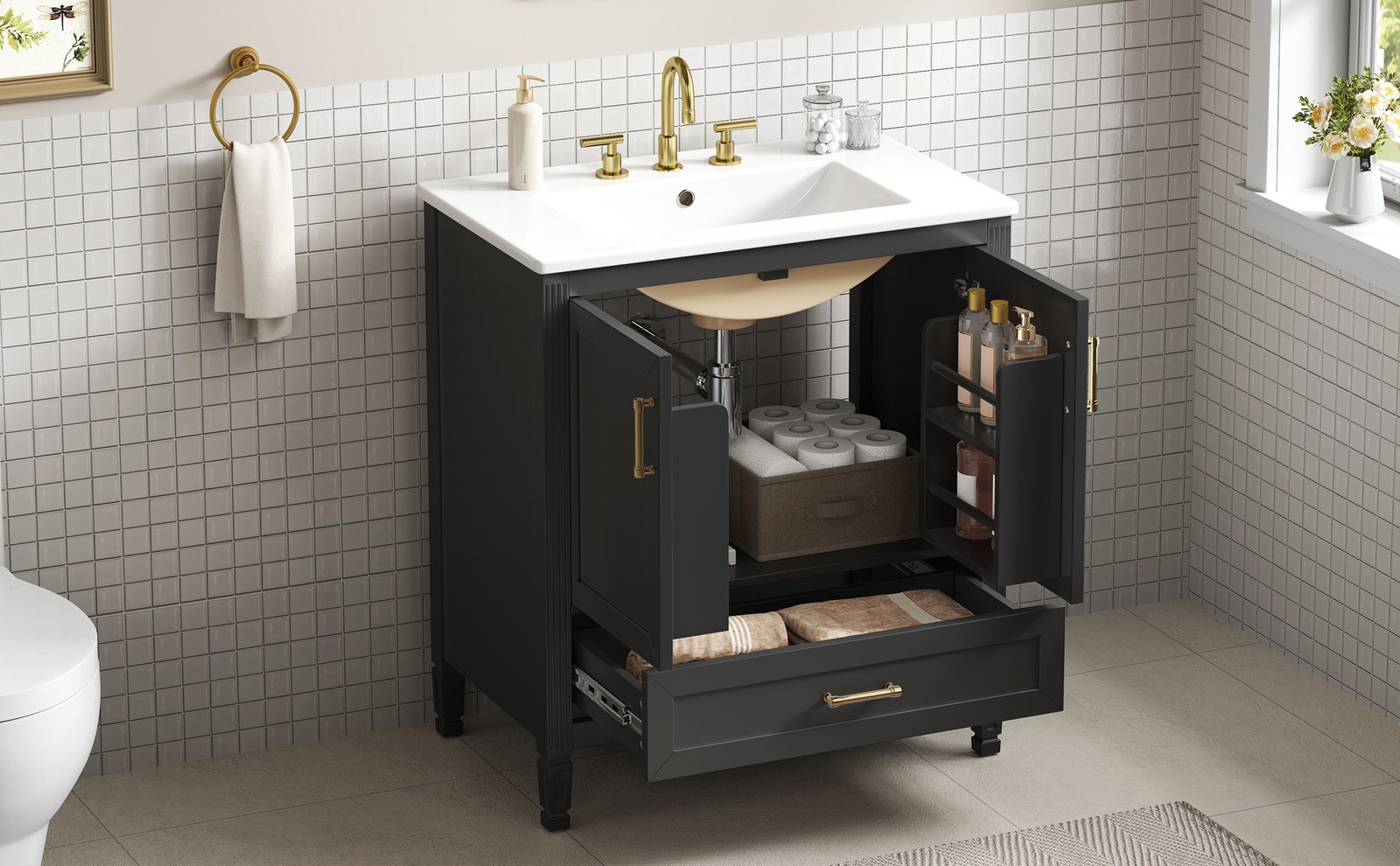 30 Inch Black Fluted Bathroom Vanity with Ceramic Sink, Soft-Close