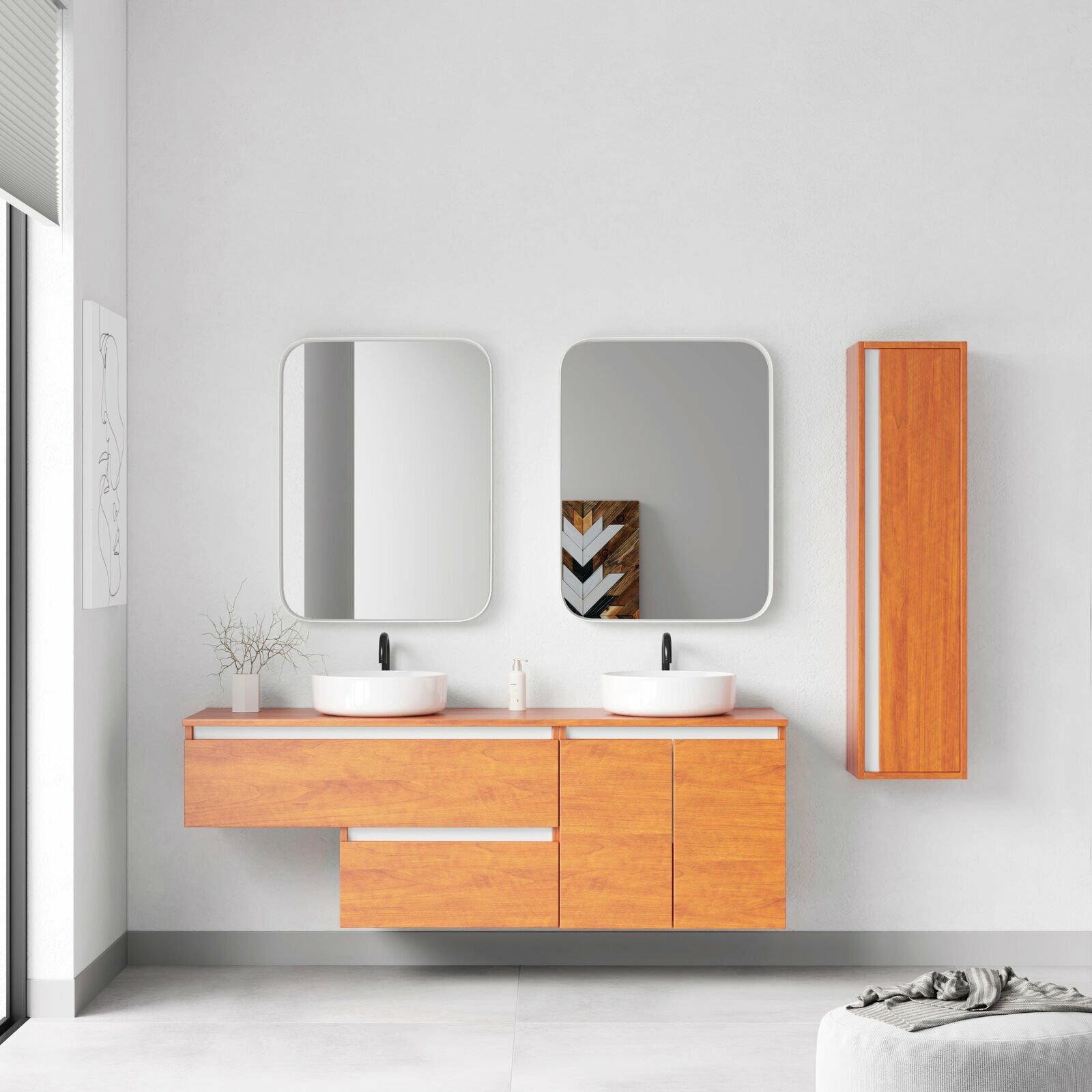 Boston 64″ Vanity + 2 Vessel sinks | Autumn Oak Wood White Crossbars | 64 X 35