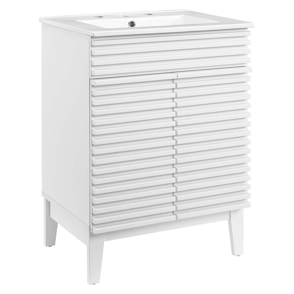 Mid-Century Modern Bathroom Vanity Black, White, Gray, Oak Laminate Tapered Legs