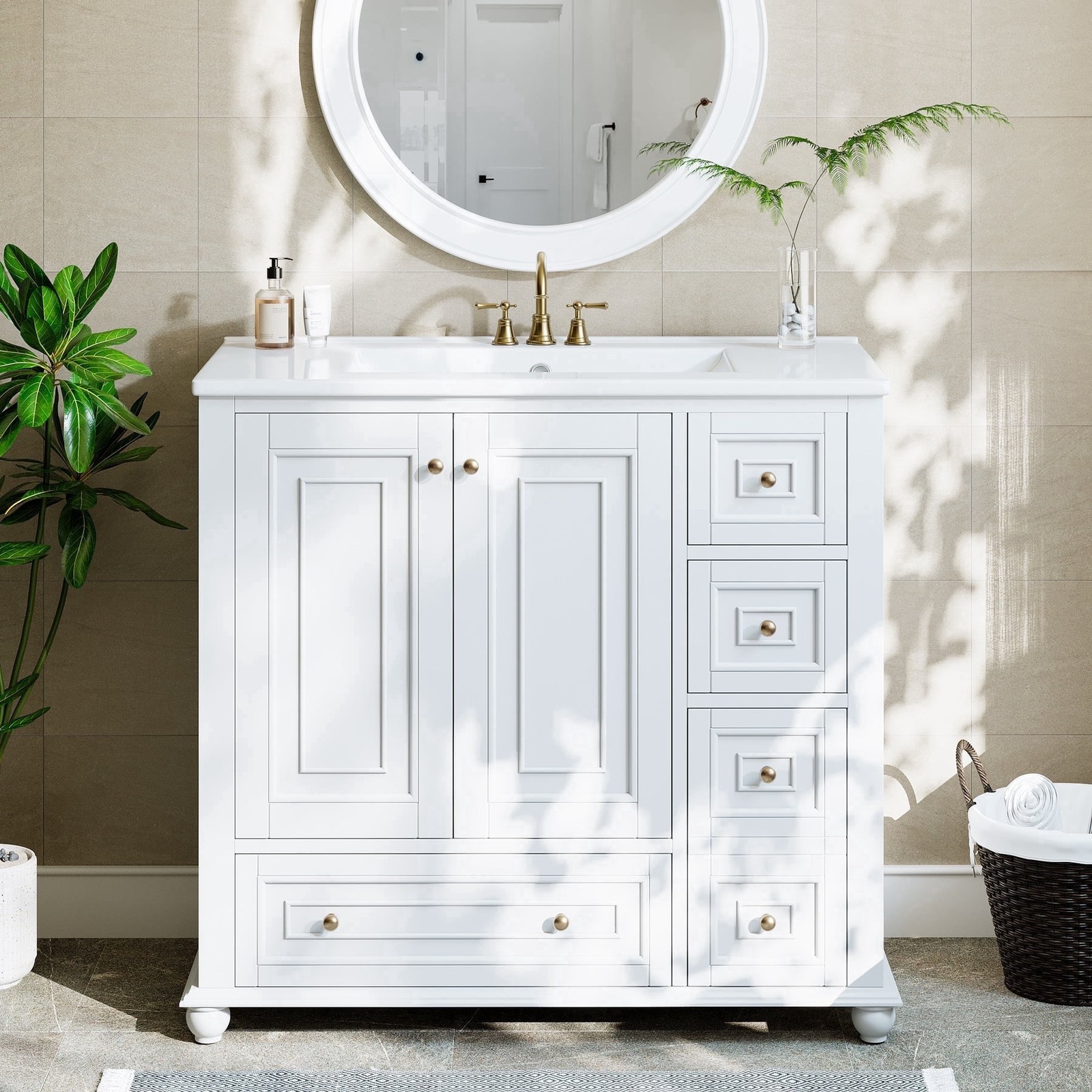 36” Bathroom Vanity with Ceramic Sink，Modern Wood Storage Cabinet with Drawers