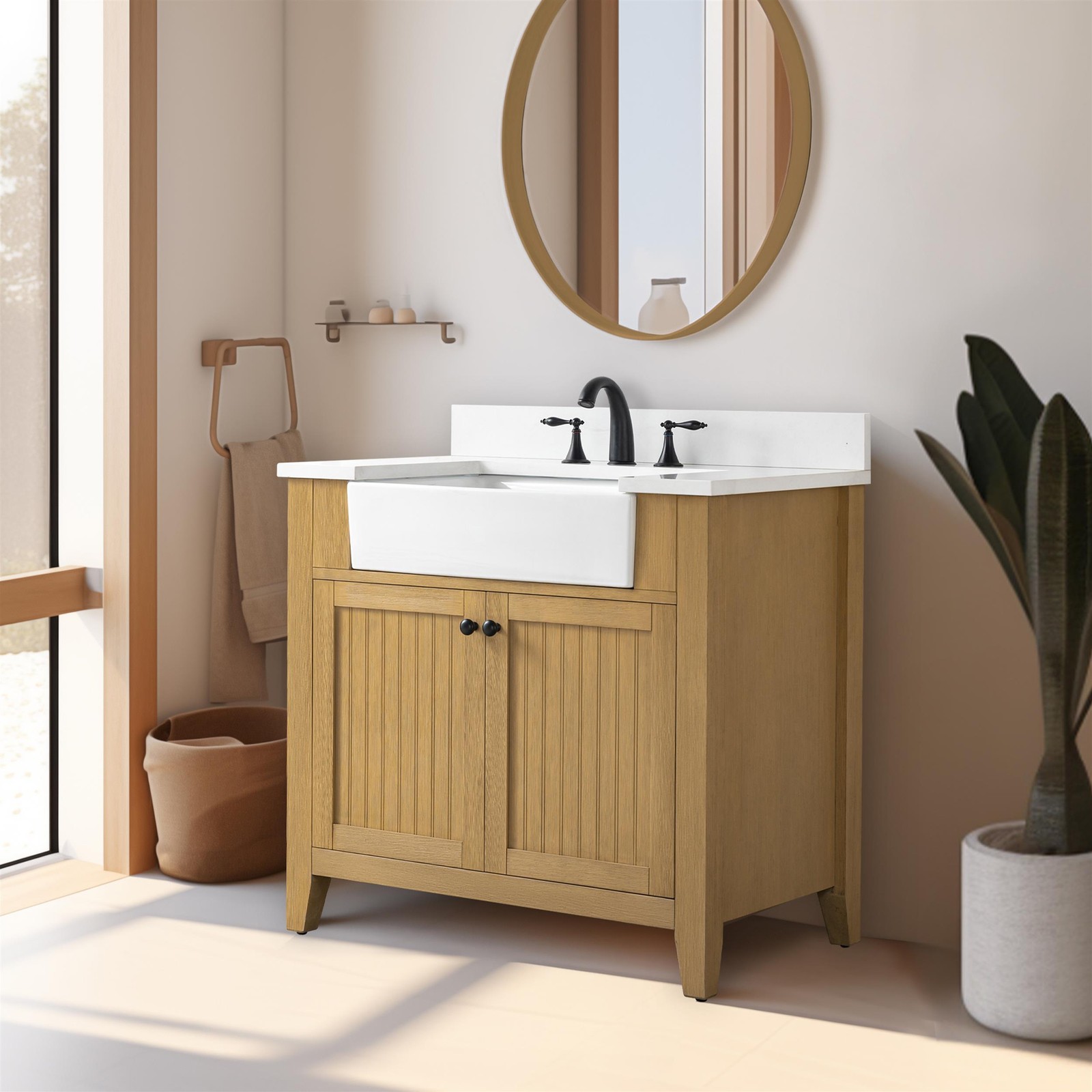 Design Element Burbank 36″ Single Sink Oak Bath Vanity with White Quartz Top