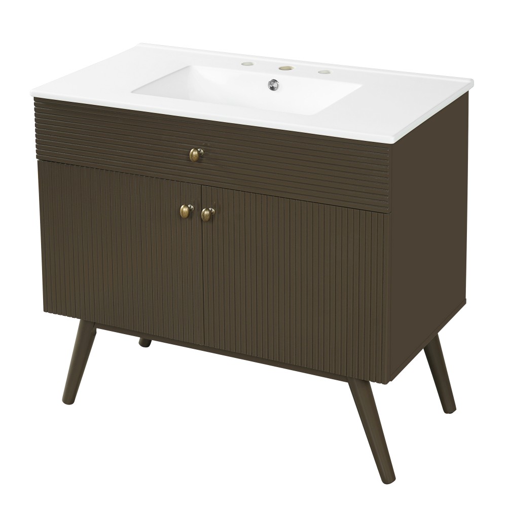 36″ Striped Bathroom Vanity,Soft-Close Dual-Door Storage &Premium Ceramic Sink