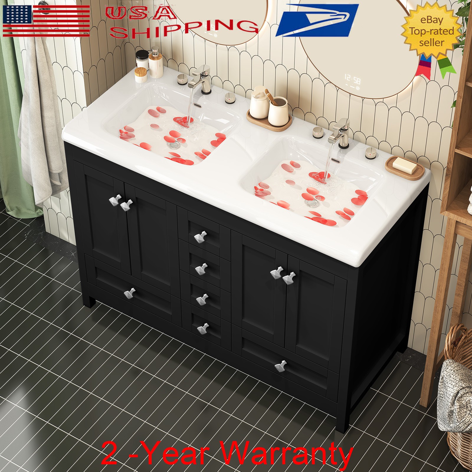 47in Large Freestanding Bathroom Cabinet with Double Sink Black Vanity Cabinet