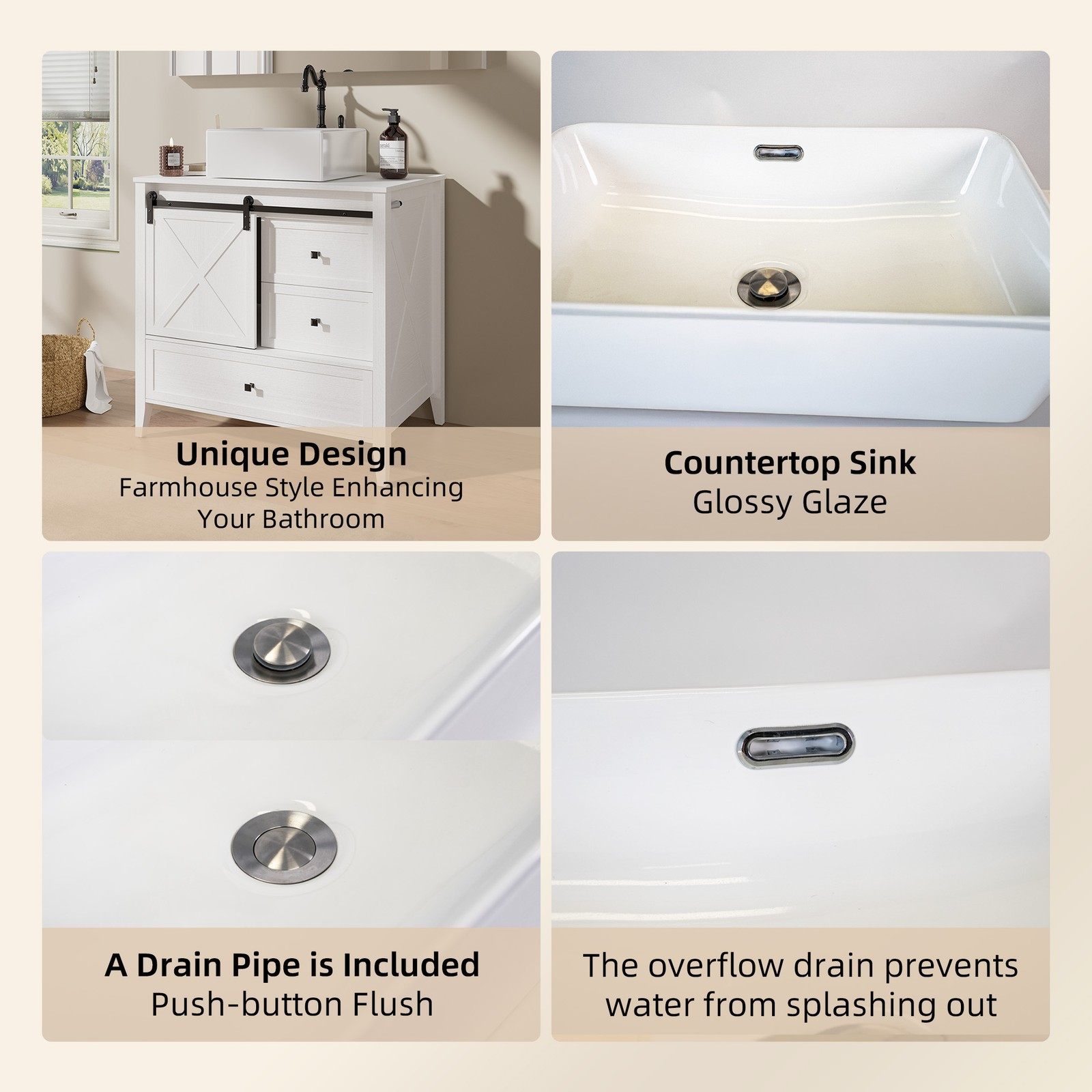 36inch Bathroom Vanity Ceramic Storage Cabinet Sink Organizer Vessel Sink White