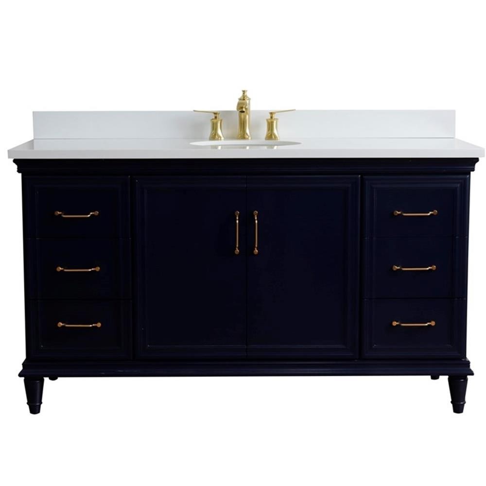 61 in. Single Wooden Vanity Blue White Quartz Oval Sink