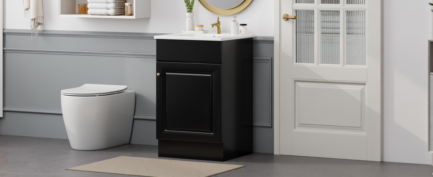 20″ Bathroom Vanity with Ceramic Sink, Black MDF Cabinet