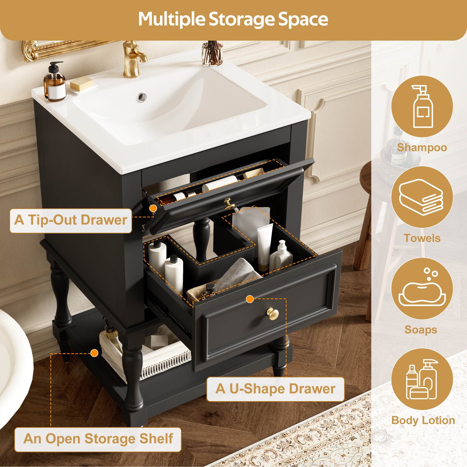 FUNIDEE 20” Bathroom Vanity Set Storage Cabinet with Ceramic Sink Combo Black