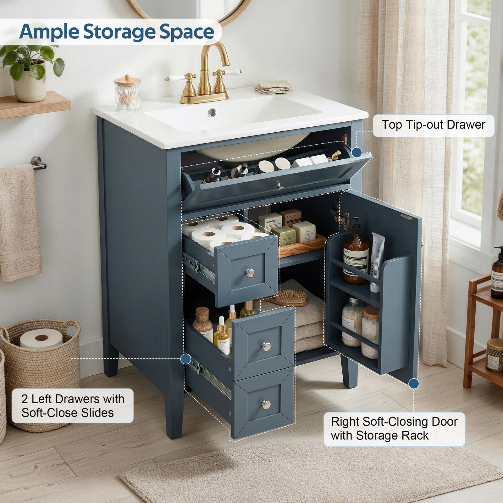 24″ Blue Gray Bathroom Vanity with Ceramic Sink & Soft-Close Drawers