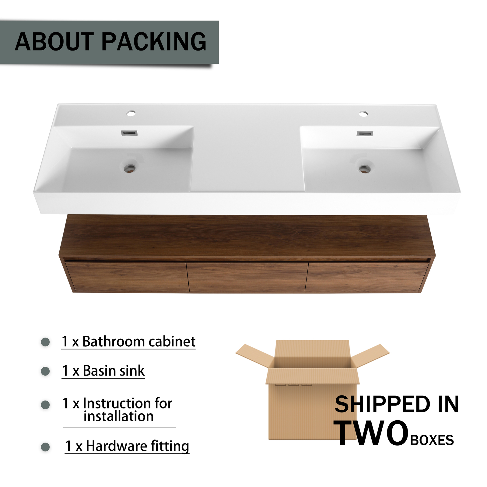 60 in Wooden Floating Wall-Mounted Bathroom Vanity W/Double Resin Sink Drawers