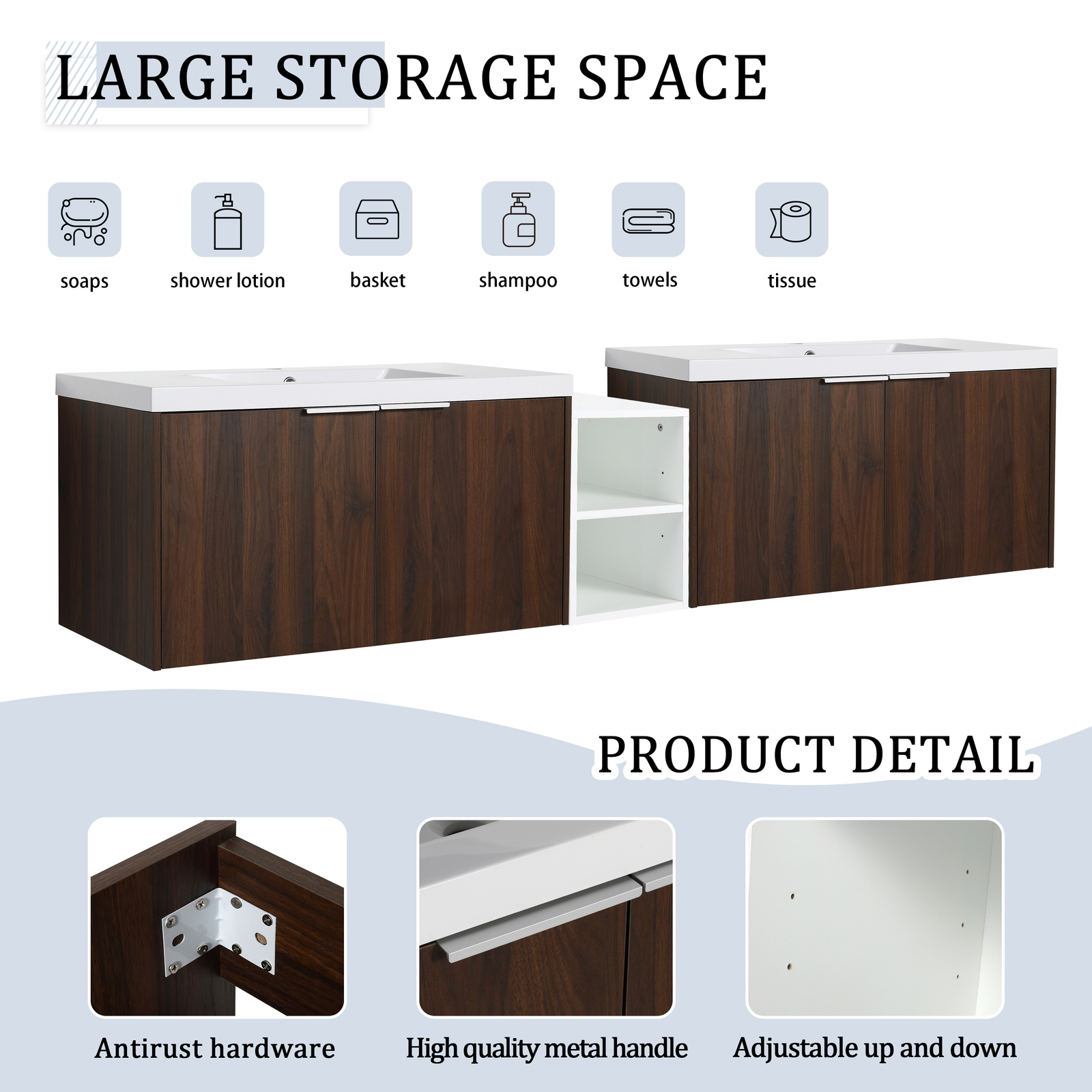 84″ Wall Mounted Bathroom Vanity Sink W/Resin Sink Basin and Small Side Cabinets