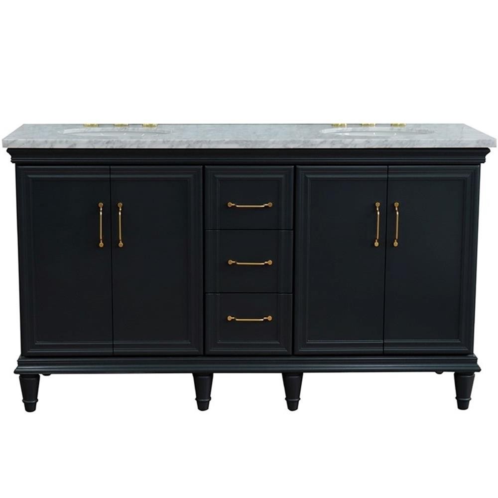 61 in. Double Wooden Vanity Dark Gray White Carrara Marble Oval Sink