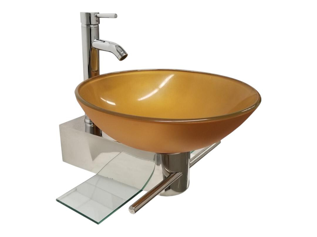 Modern Small Bathroom Pedestal Vanity Glass Bowl Vessel Mustard Gold Sink Combo