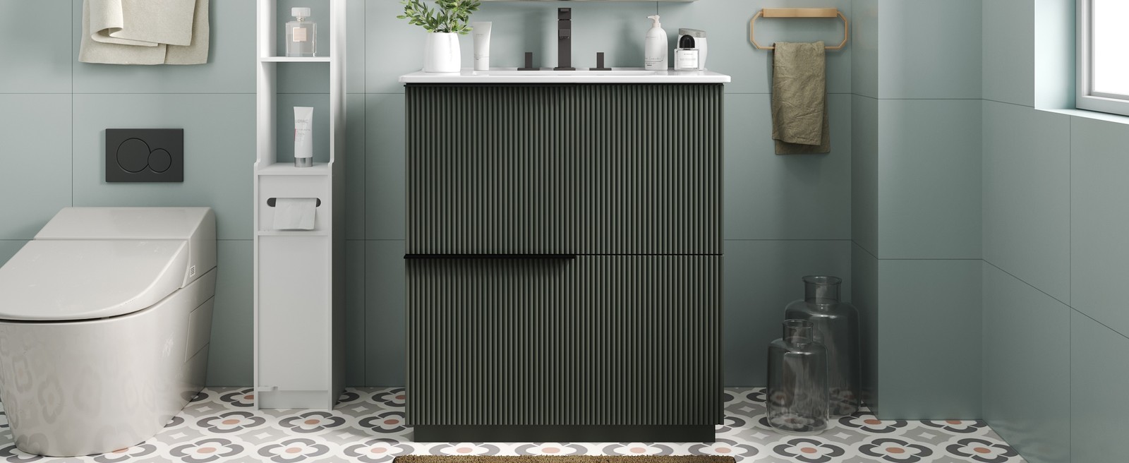 30″ Green Fluted Bathroom Vanity with Ceramic Sink & Soft Close