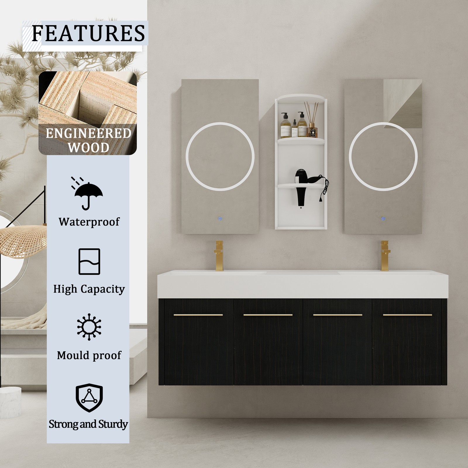 60 In Floating Wall-Mounted Bathroom Vanity Cabinet W/ Double Resin Top Basin