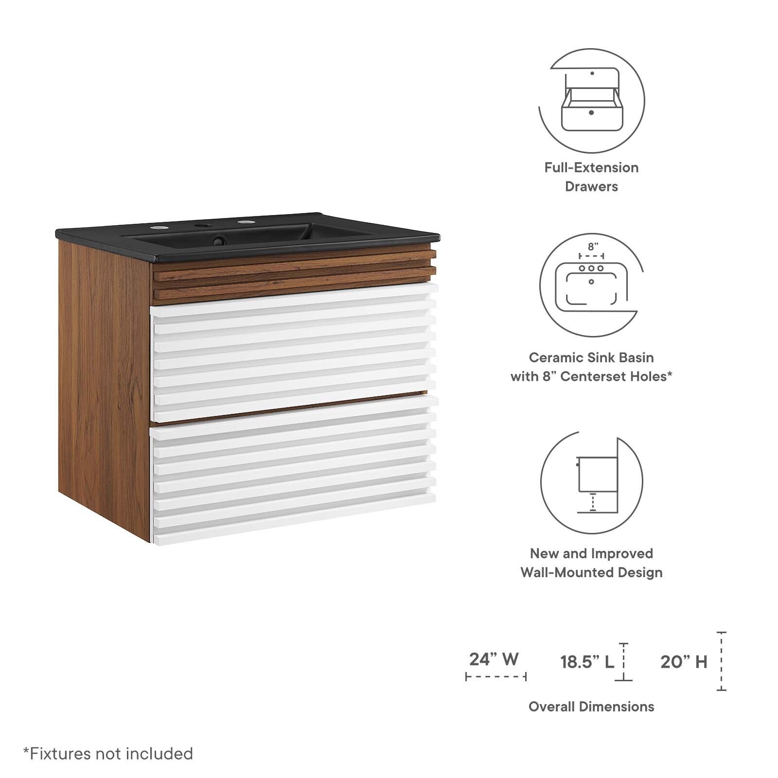 Modway Render 24″ Wall-Mount Bathroom Vanity in White Walnut Black