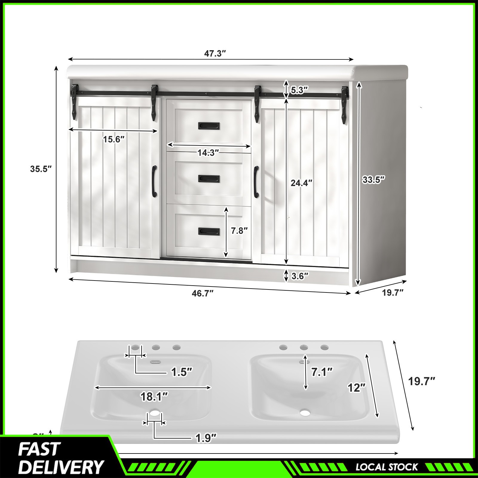 Modern 47″ White Bathroom Vanity Double Ceramic Sinks 2 Drawers 2 Sliding Doors