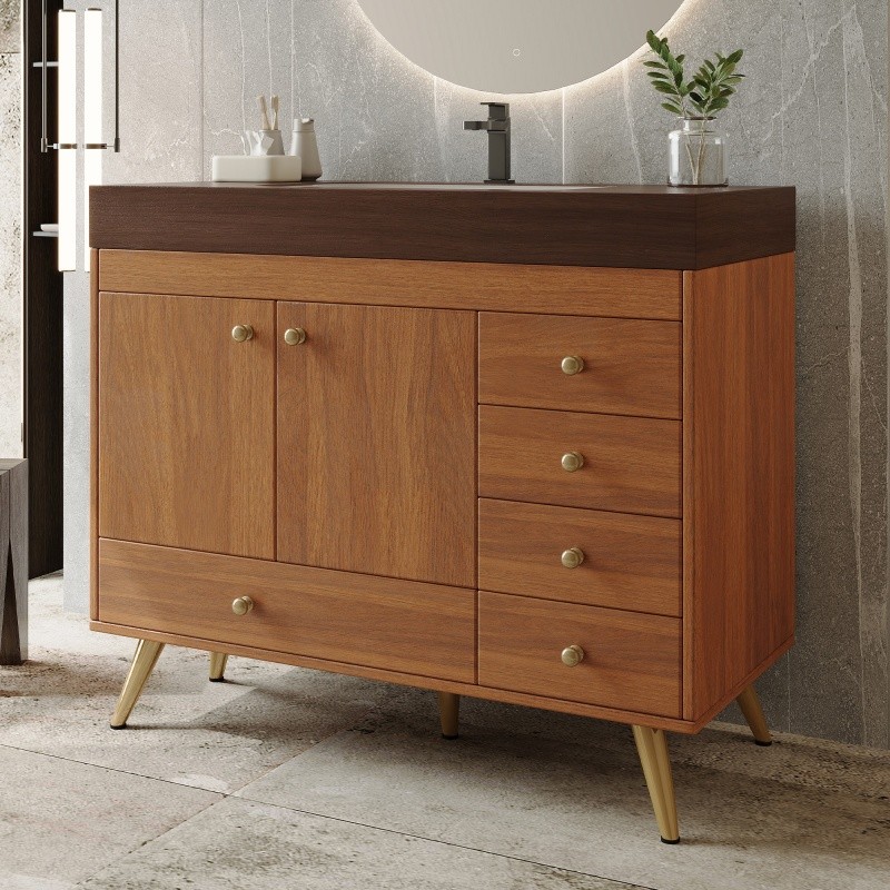 36″ Freestanding Bathroom Vanity with Faux Marble Top, Ceramic Sink & 5 Drawers
