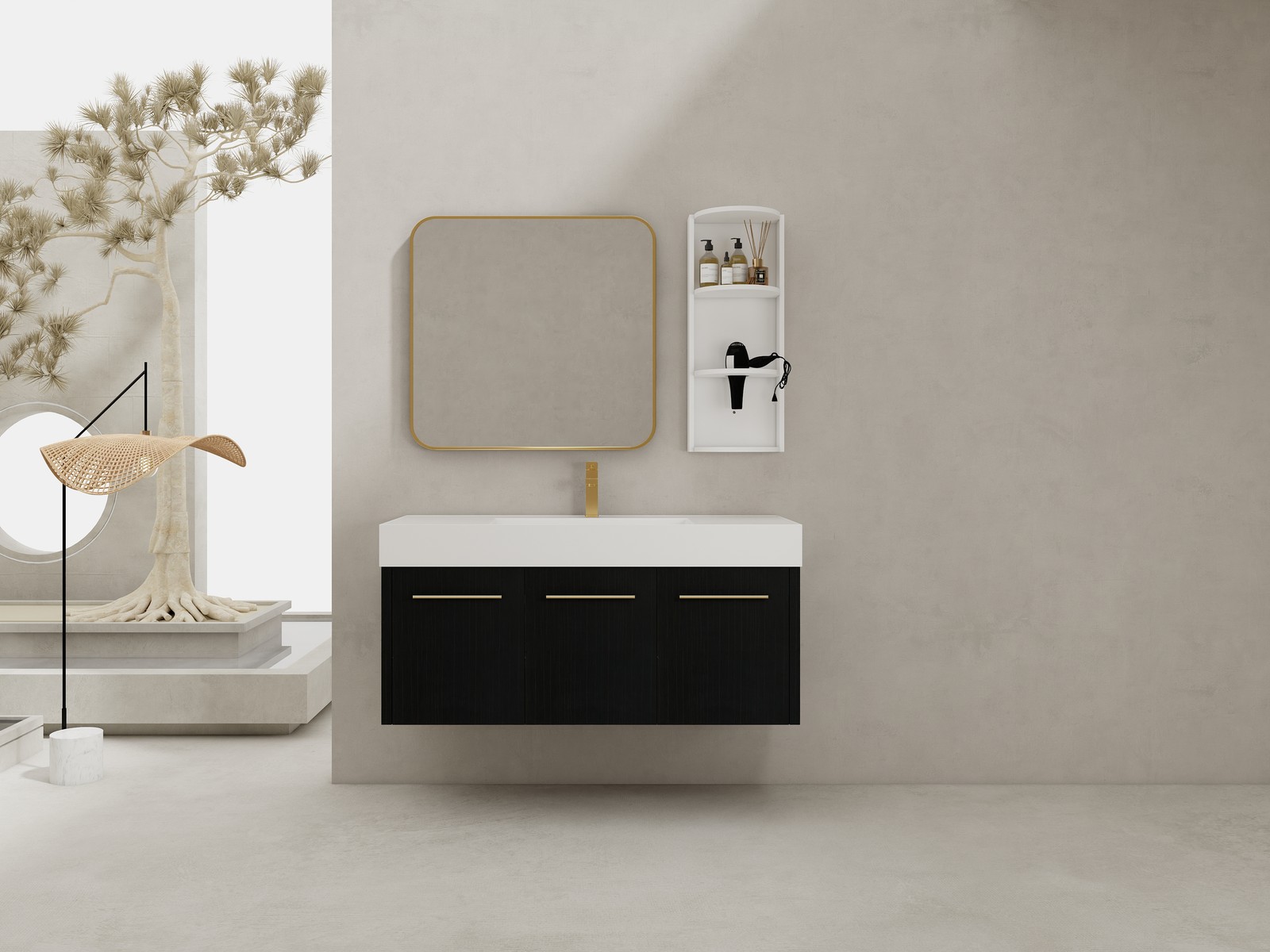 48 Inch Plywood Wall-Mounted Bathroom Vanity with Resin Sink + Side Storage Rack