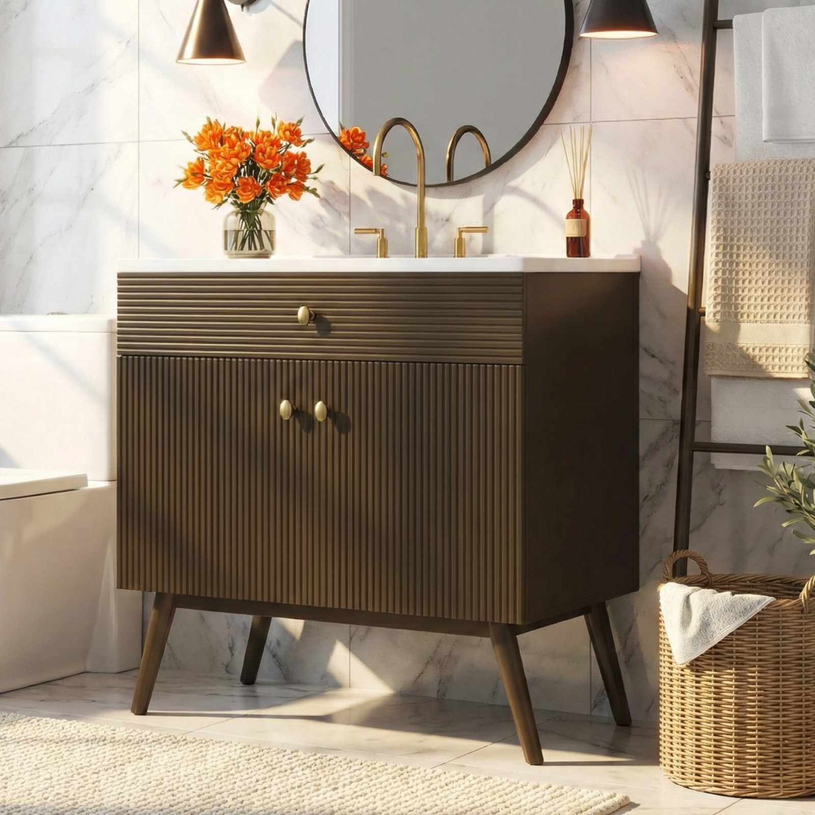 36″ Striped Bathroom Vanity, Soft-Close Dual-Door & Ceramic Sink, Dark Brown