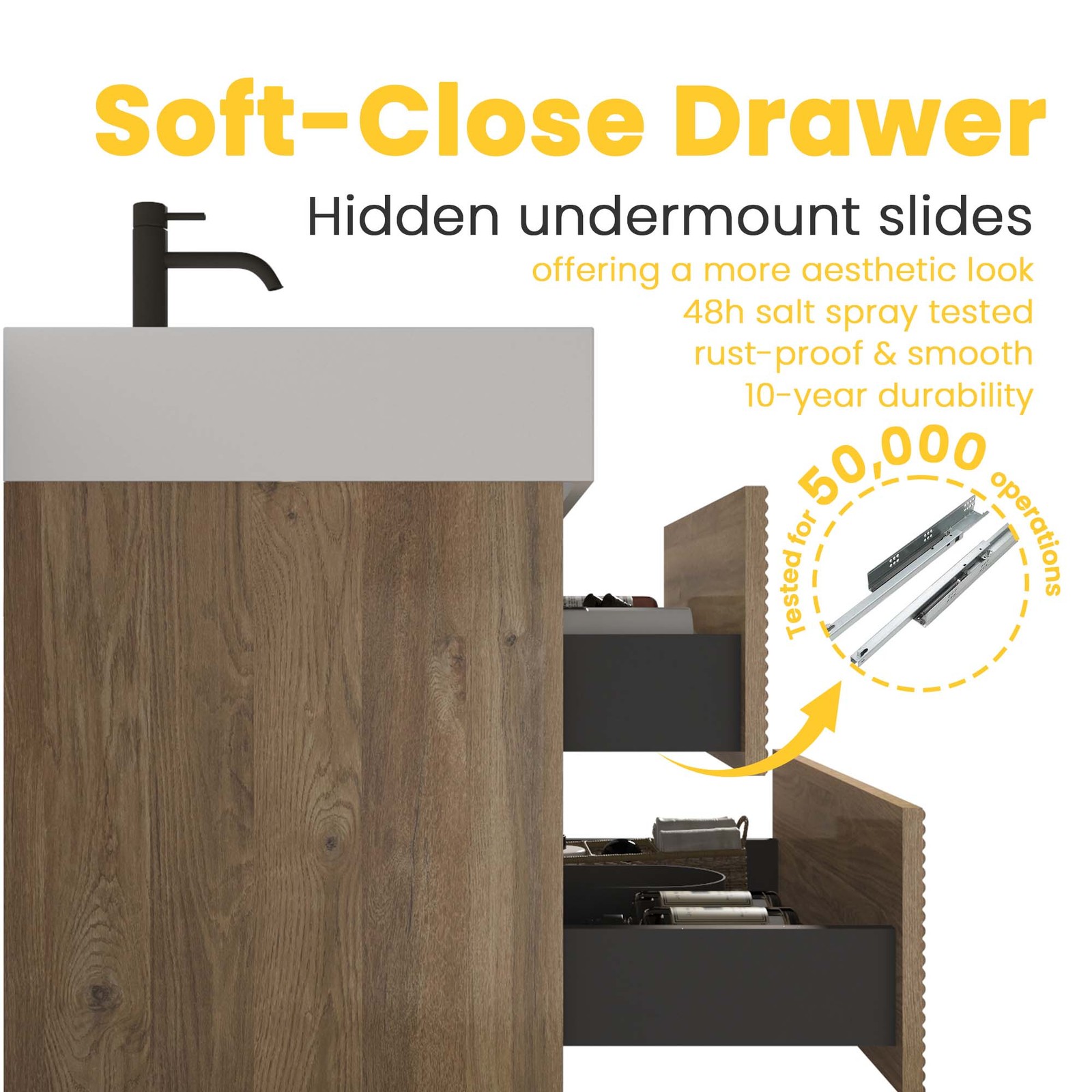 30″ Rough Oak Floating Bathroom Vanity with White Sink & Drawers