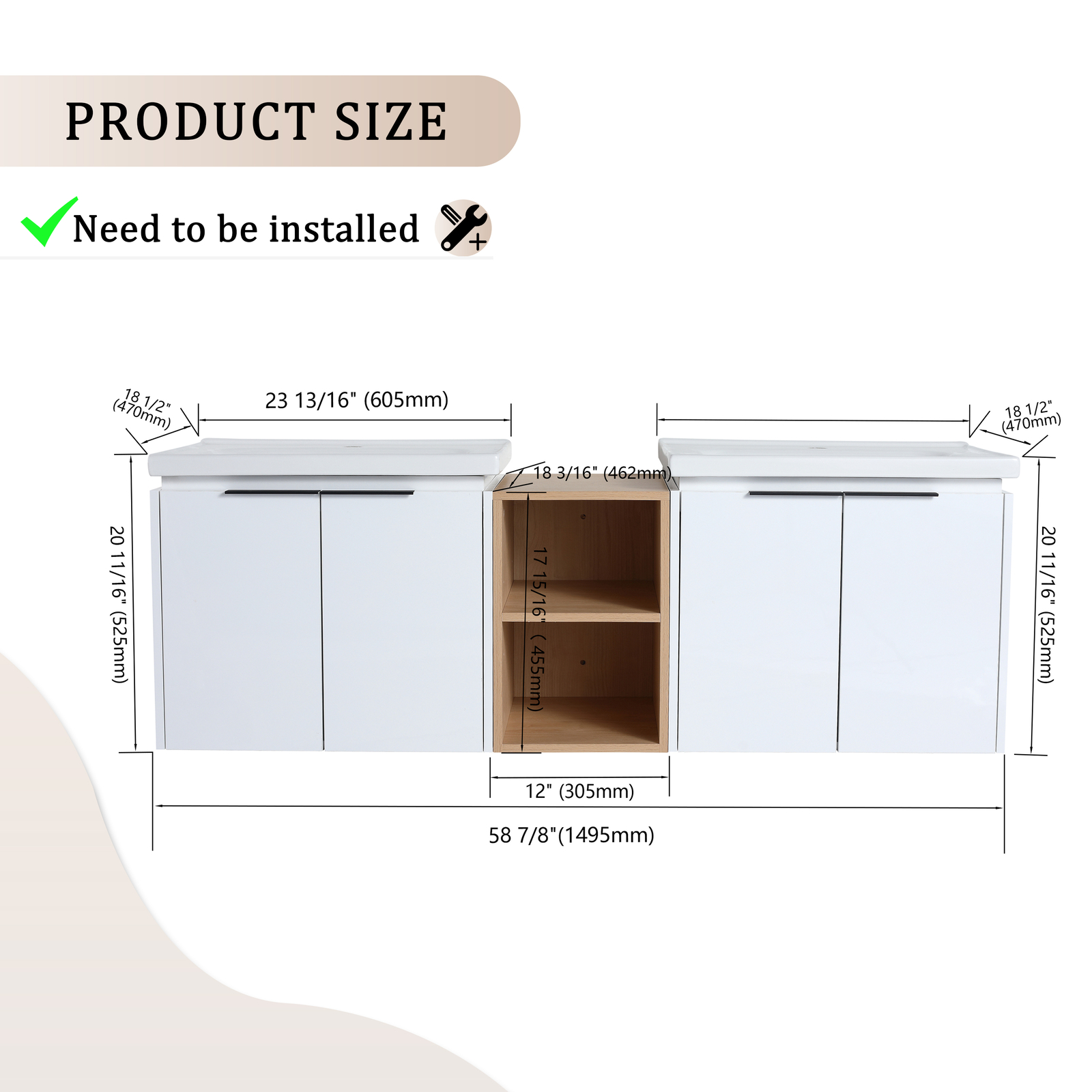 60″ Bathroom Vanity Double Ceramic Basin Wall Mounted Cabinet W/ Storage Shelves