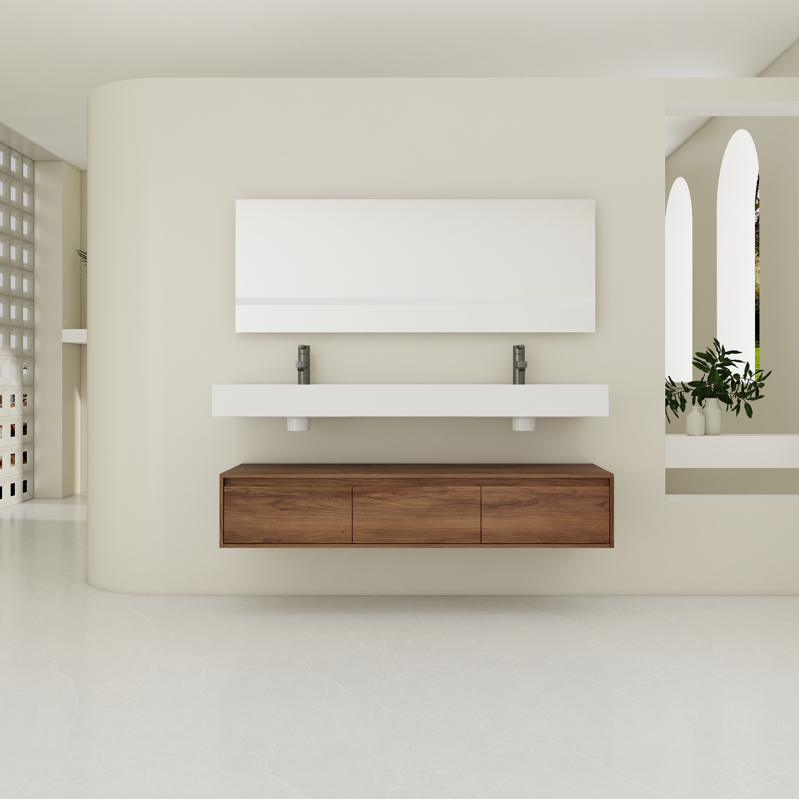60 in Wooden Floating Wall-Mounted Bathroom Vanity W/Double Resin Sink Drawers