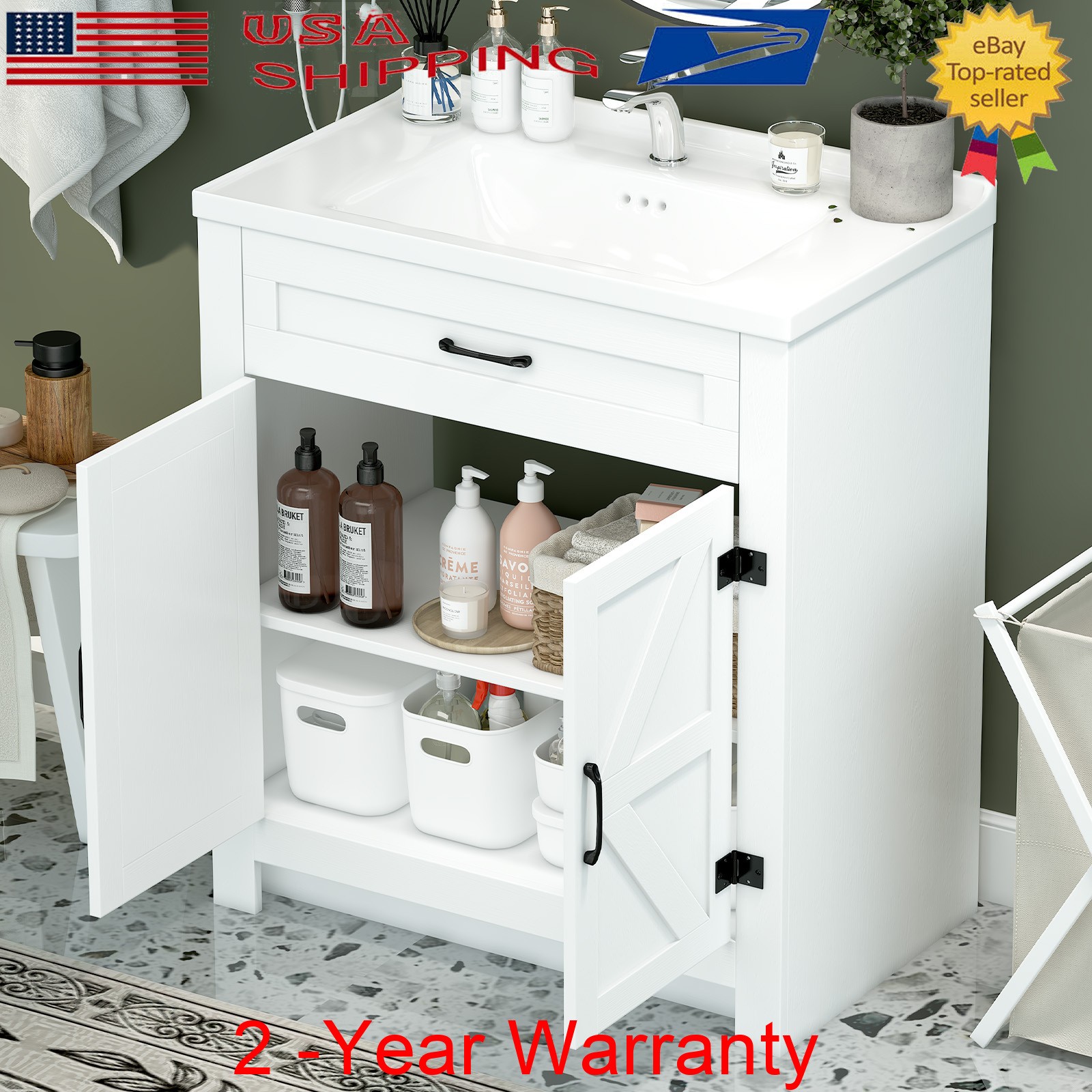 Freestanding Bathroom Vanity w/ Ceramic Sink & Soft-Close Door Storage Cabinet