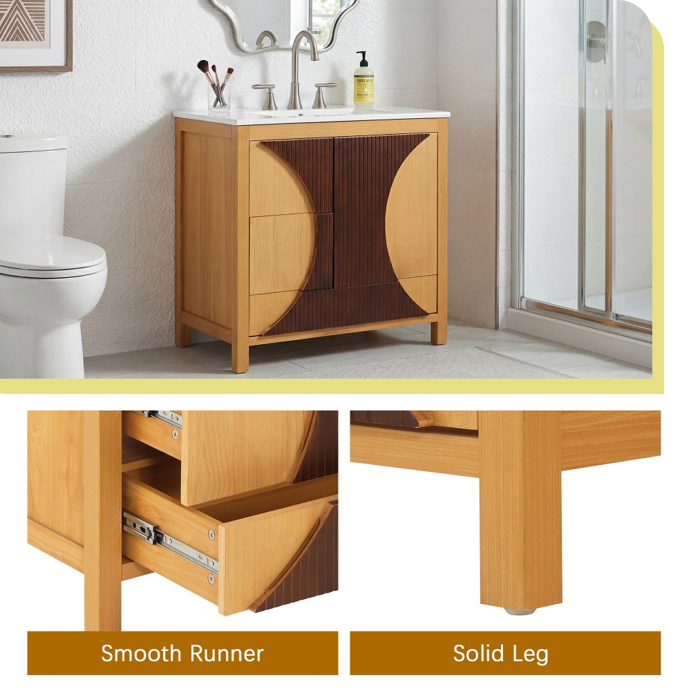 30 Inch Mid Century Freestanding Bathroom Vanity with Ceramic Sink Solid Wood