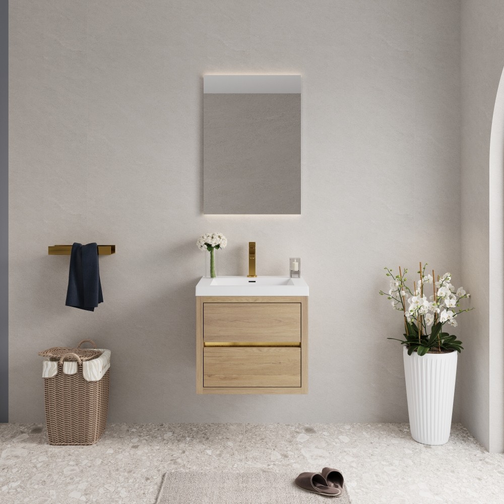 24in Oak Wall Vanity Pre-Assembled with Sink, Soft Close Drawers