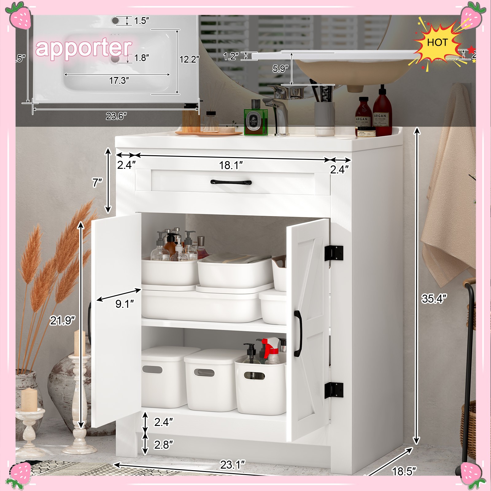 Farmhouse Bathroom Vanity with Ceramic Sink, 35.4 in Bathroom Vanity Cabinet，New