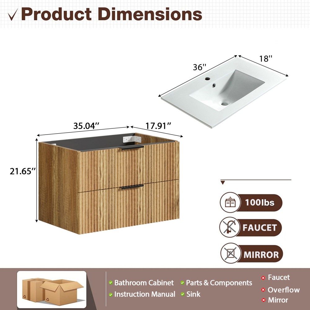 35.04 in Modern Golden Oak Floating Vanity with Ceramic Sink