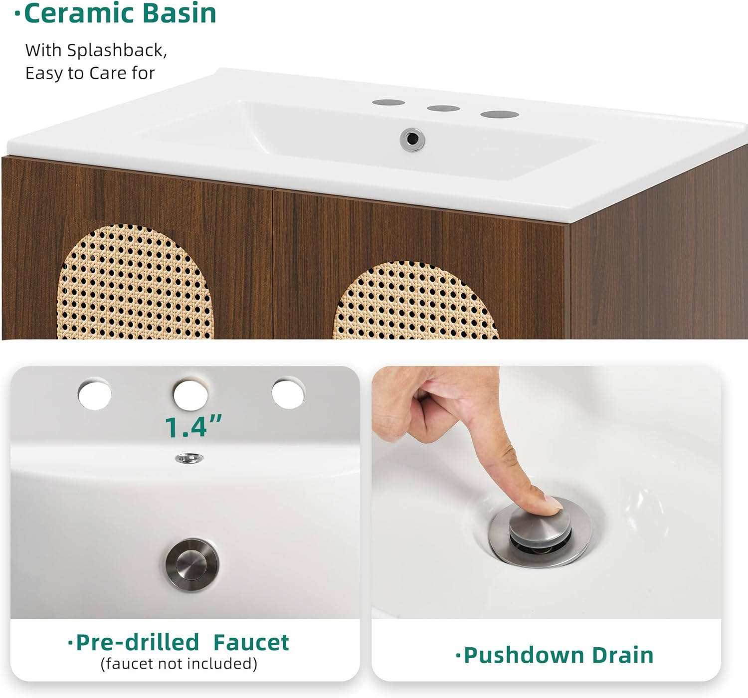 24″ Walnut Rattan Bathroom Vanity with Sink & Soft-Close Doors, Boho Style