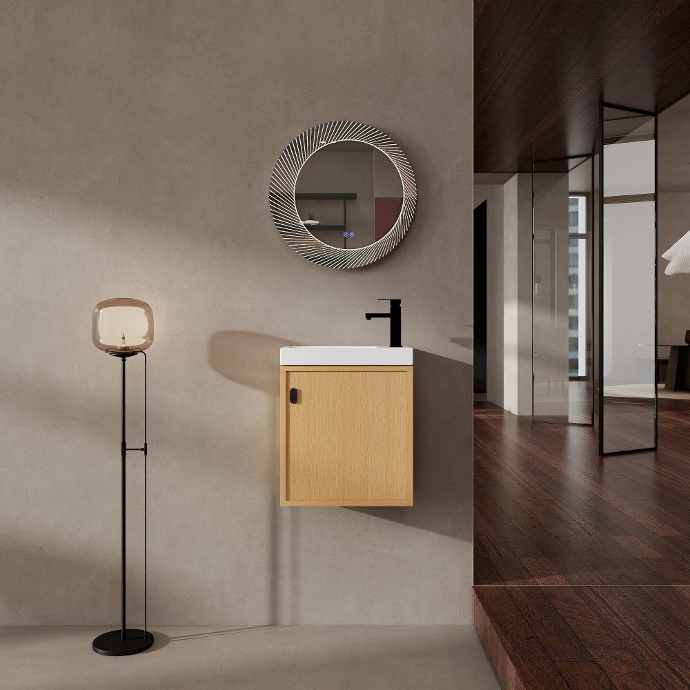 18.5-inch wall-mounted bathroom vanity overhangs to save space