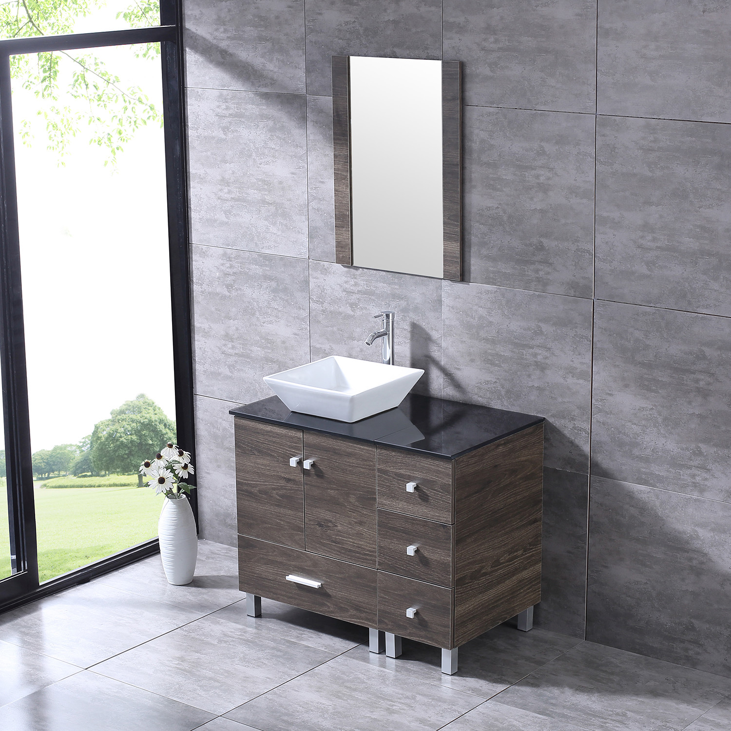 36inch Bathroom Vanity Single Cabinet 4 Ceramic Sink w/Black Glass Top Set Brown