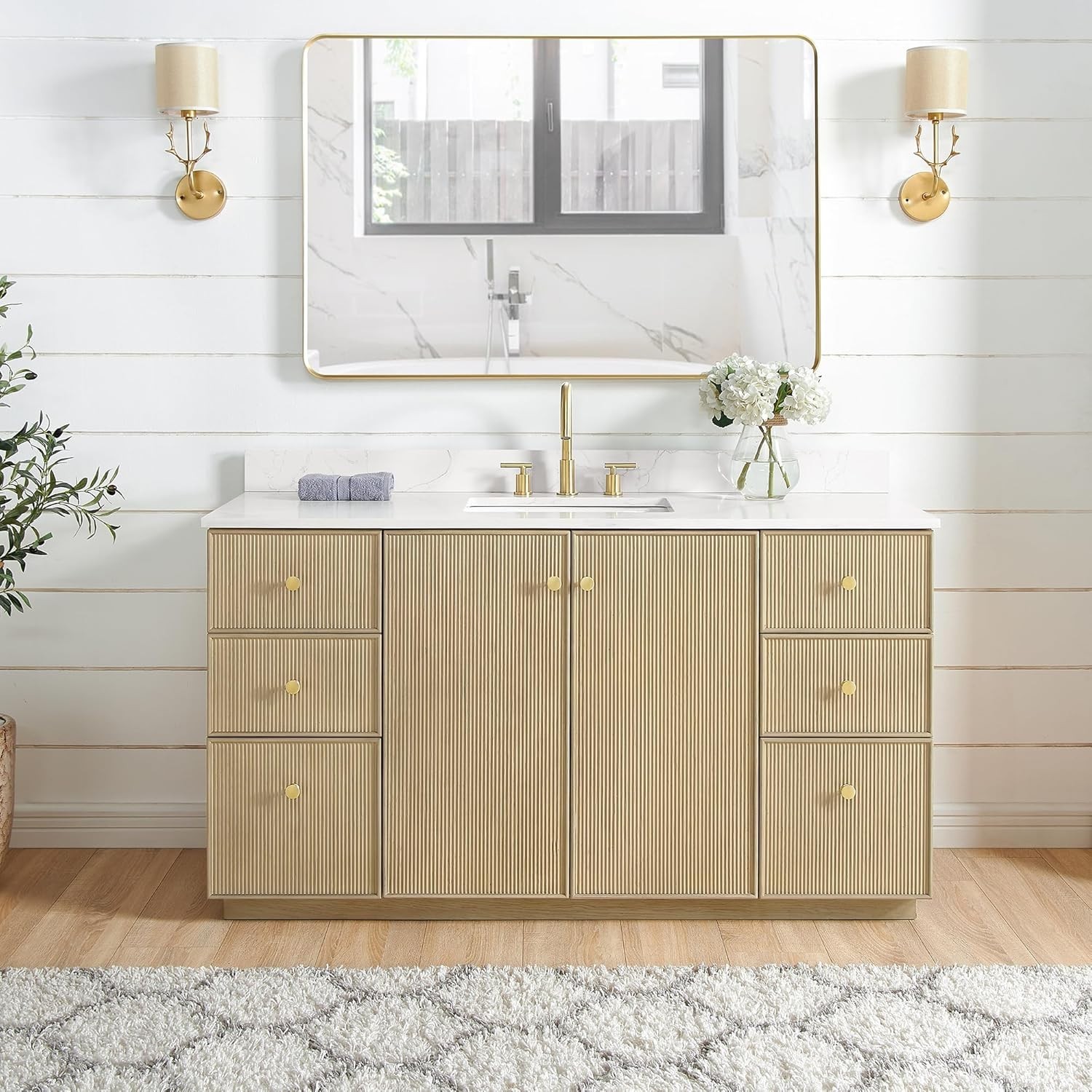 VINNOVA Oza 60″ Single Bath Vanity in Aged Natural Oak with Fish Maw White Quart
