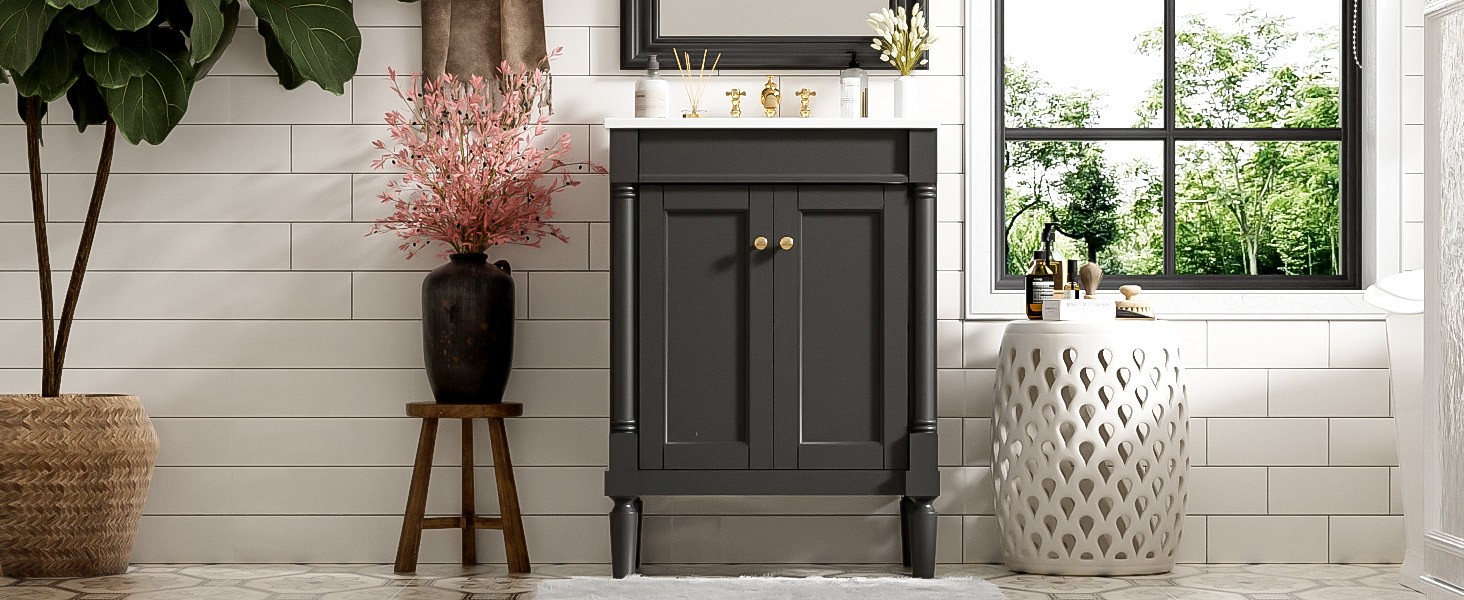 24″ Bathroom Vanity with Sink, Modern 2-Tier Storage Cabinet, Black