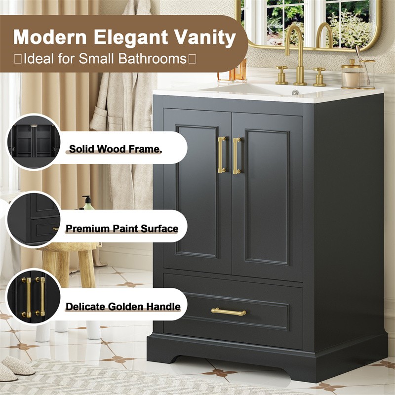 24in Black Bathroom Vanity with Ceramic Sink,Divider Drawer & 2 Soft-close Doors