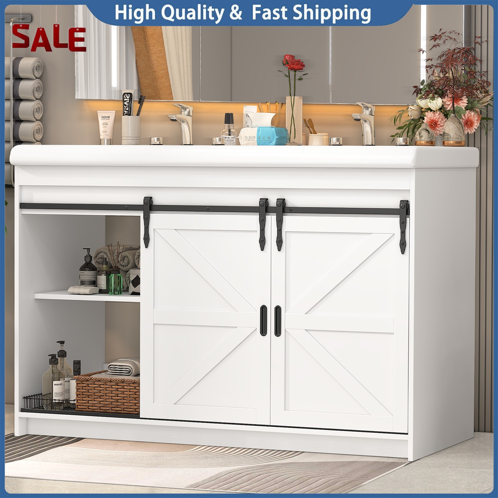 47” Bathroom Vanity with Double Sink Freestanding Bathroom Vanity w/ 2 Drawers