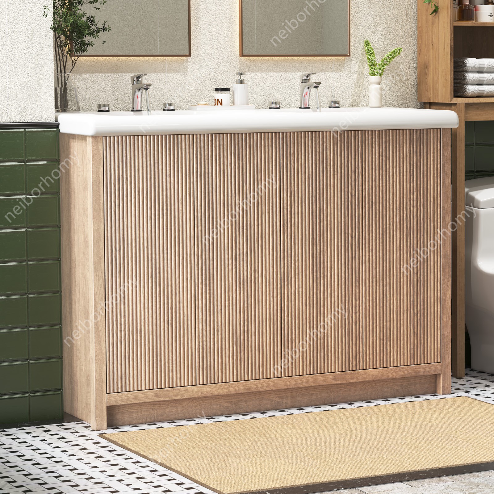 47″ Double Sink Bathroom Vanity Wood Grain Modern 2 Basin Storage Cabinet