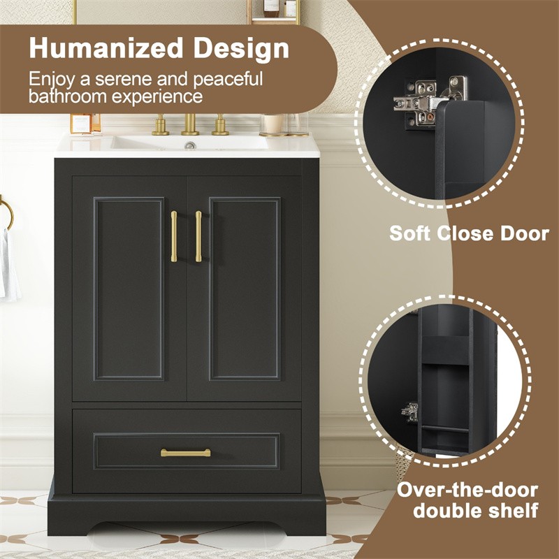 24in Black Bathroom Vanity with Ceramic Sink,Divider Drawer & 2 Soft-close Doors