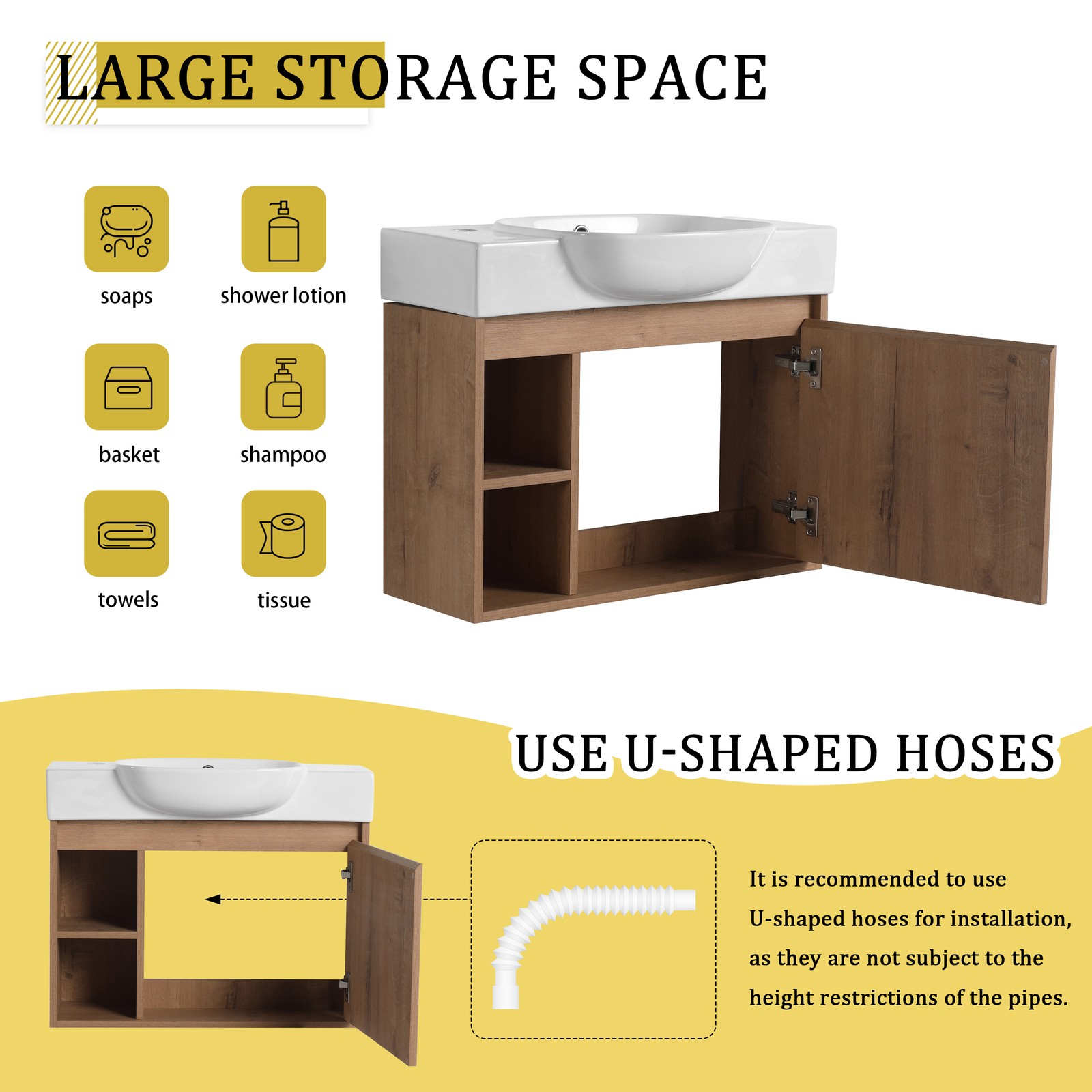 26in Plywood Freestanding Bathroom Vanity W/ Ceramic Sink Basin Door Shelf Oak