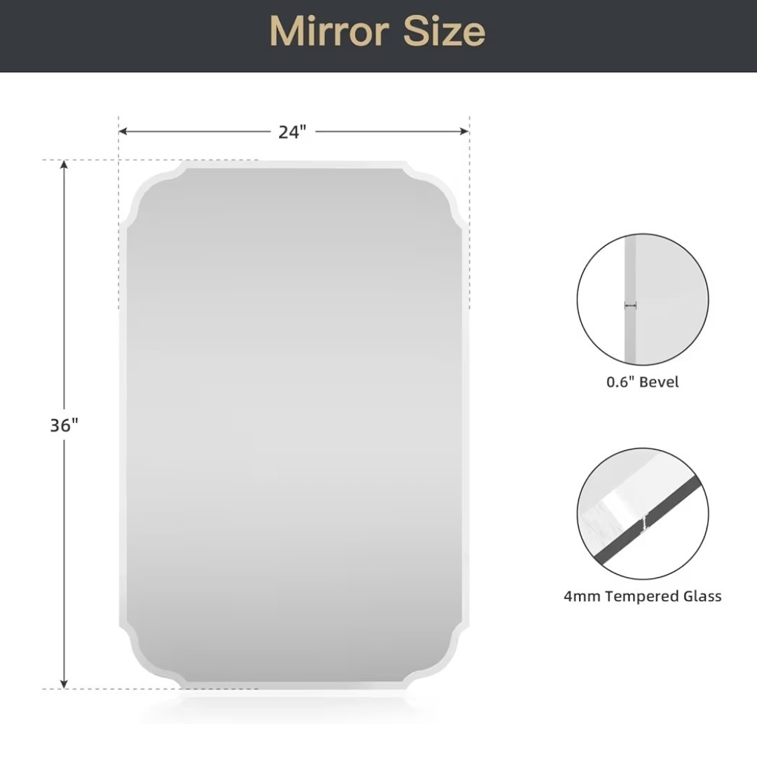 Beveled Scalloped Frameless Bathroom Mirror, 24″ x 36″ Beveled Bathroom Mirrors