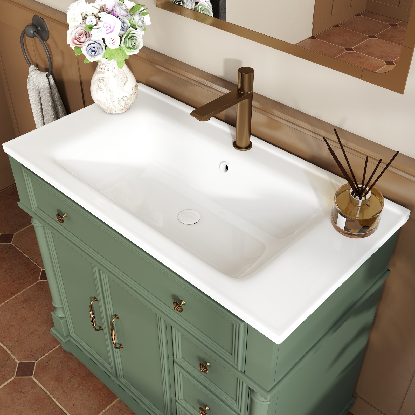35.6″ Mid-Century Bathroom Cabinet Bathroom Vanity Sink with Roman Column Base