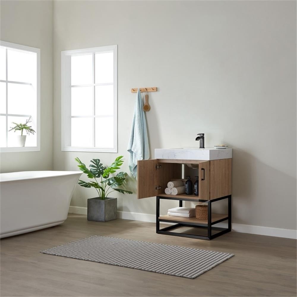Pemberly Row 24″ White Stone Top Oak Single Vanity Black Frame with o Mirror