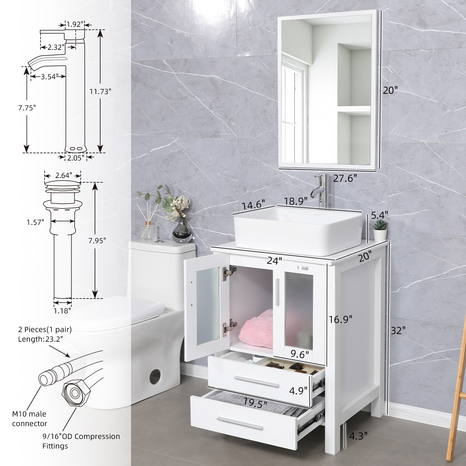 24 In White Bathroom Vanity Cabinet Set Vessel Glass Sink Faucet Combo No Mirror