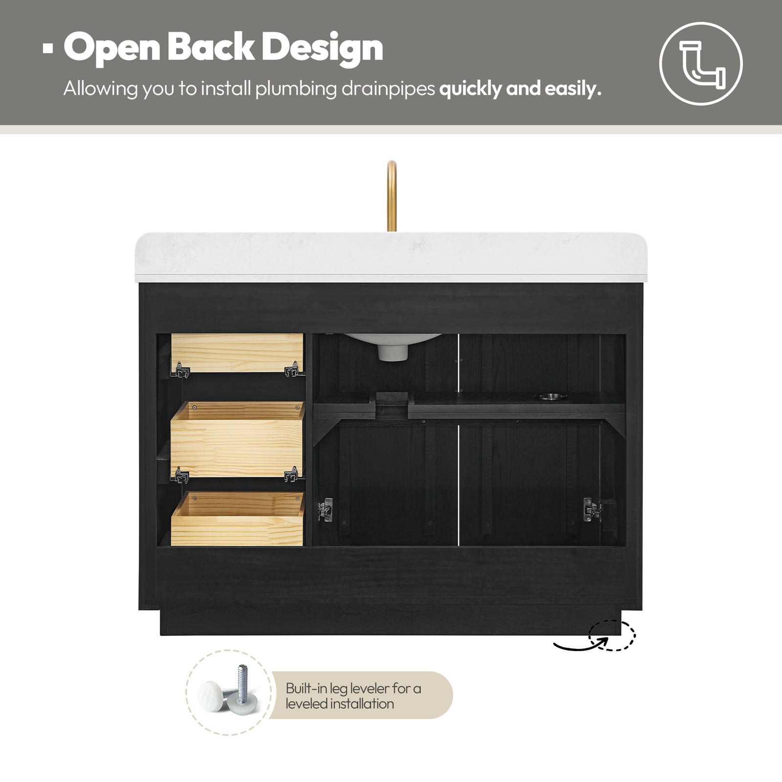 Busan 48″ Single Bath Vanity in Oak Classic Black with White Quartz Stone Top
