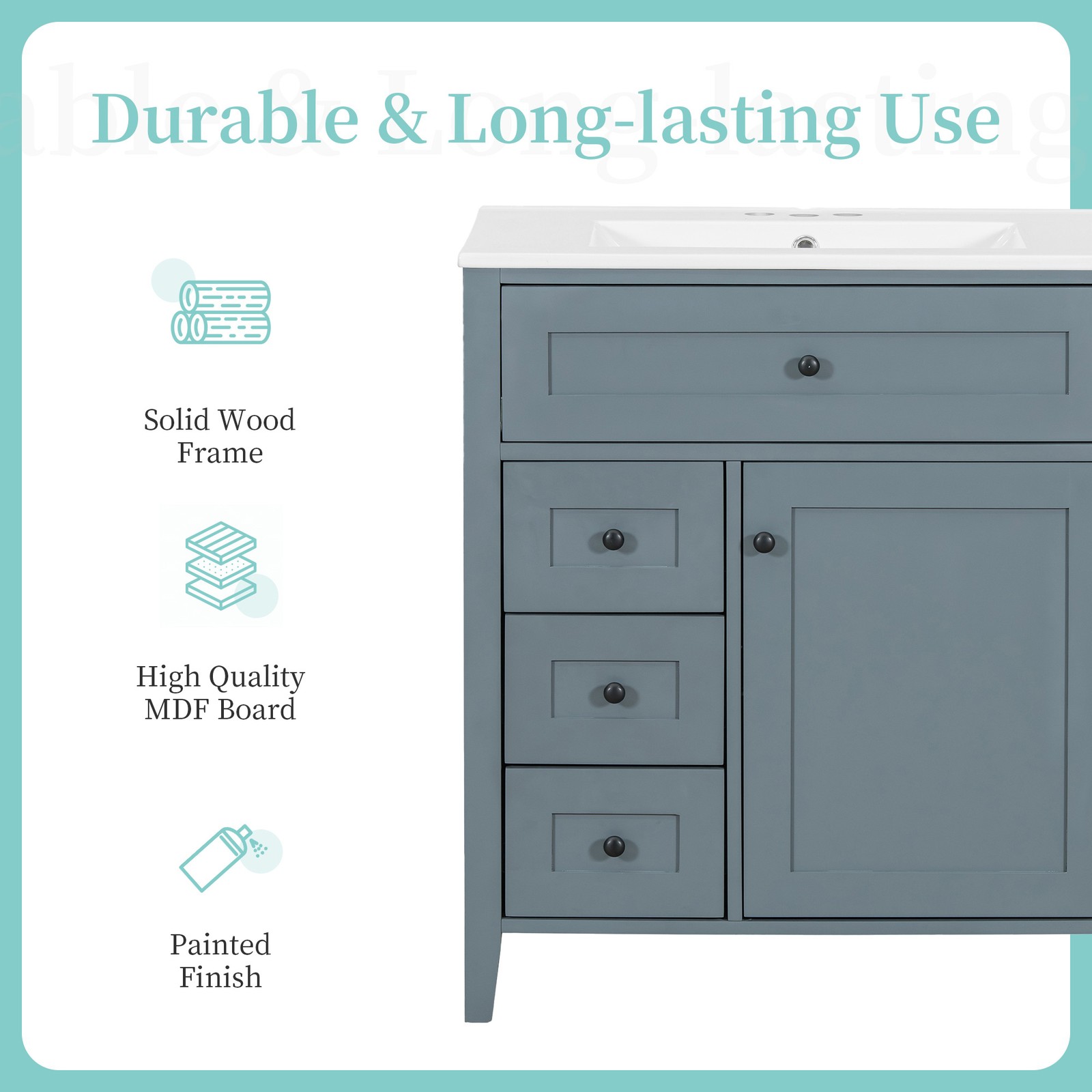 30″ Blue Gray Bathroom Vanity with Sink, 3 Drawers & Cabinet