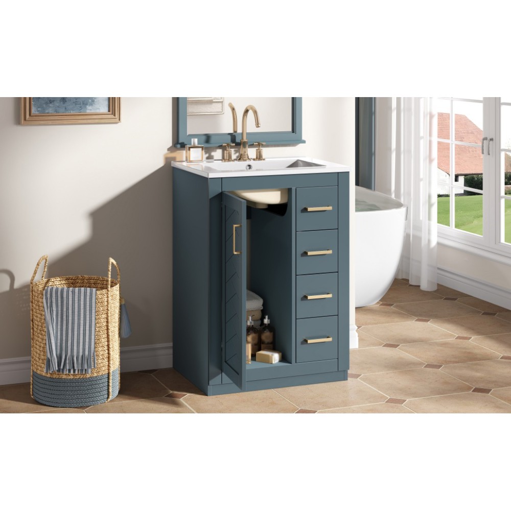 24in Bathroom Vanity Integrated Ceramic Sink 1 Door 3 Drawers
